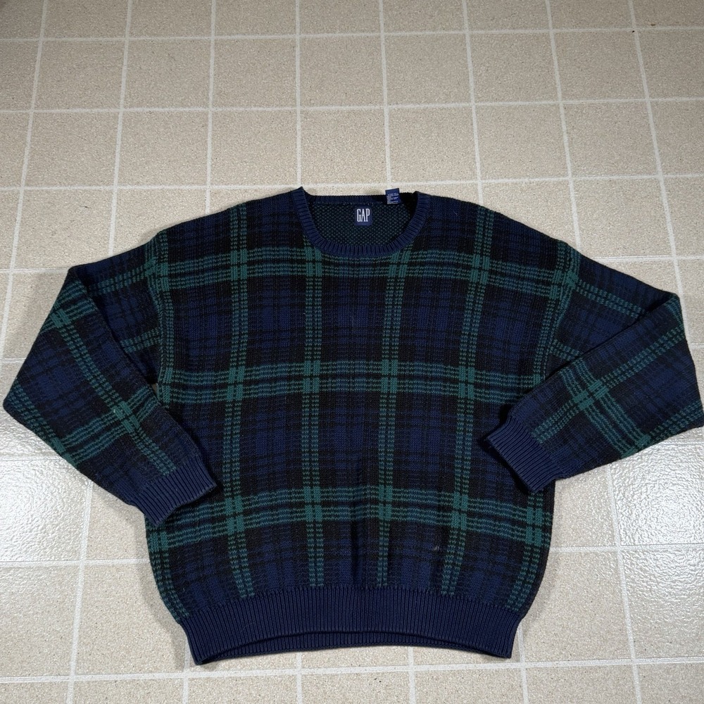 Vtg 90s Gap Knit Sweater Sz XL Blue Green Black Watch Plaid Chunky Cabincore